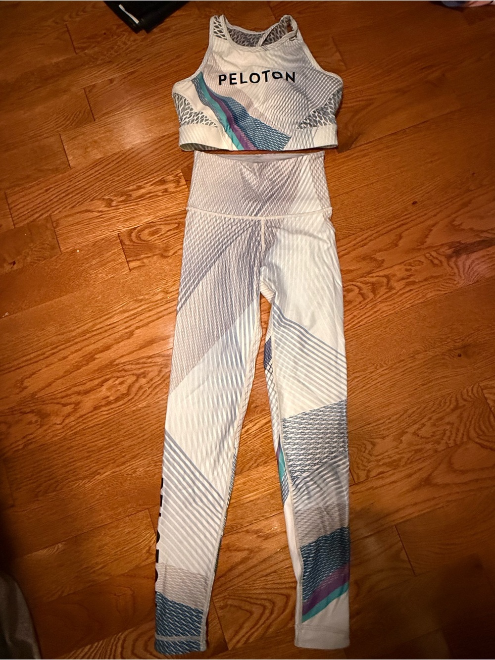 Peloton White Active Crop Top and Legging Set with Teal & Purple Accents